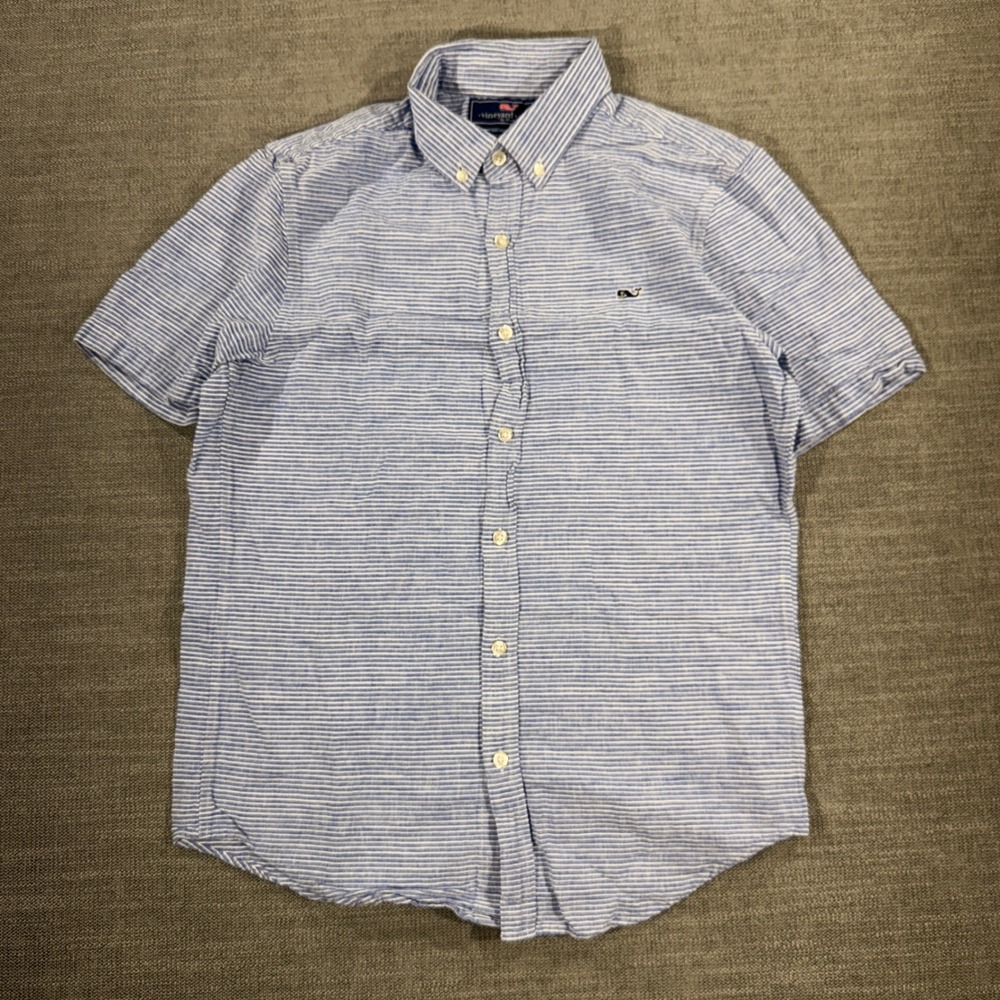 Vineyard Vines Button Down Shirt Mens Small Blue Striped Slim Fit Cotton Linen